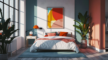 Interior of modern bedroom with blue and orange walls, wooden floor, comfortable king size bed with orange blanket and green plants. 3d renderingの素材