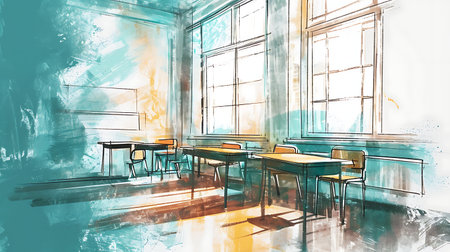 Interior of a cafe with tables and chairs, drawing by watercolorsの素材