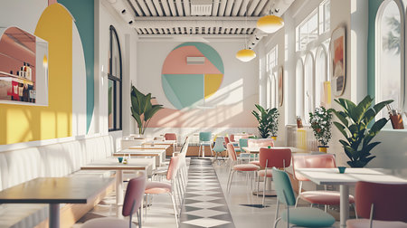 Interior of a cafe with tables and chairs, 3d renderの素材