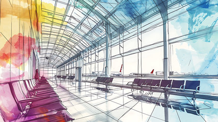 interior of the airport, 3d rendering and sketch digital illustrationの素材