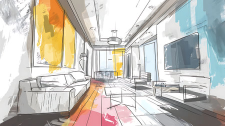 Sketch of the interior of the living room. Drawing and sketchingの素材