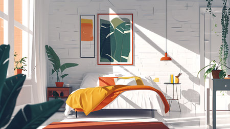 Modern bedroom interior design with orange bed and plants. 3D Renderingの素材