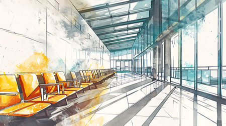 interior of the airport with orange chairs and blue sky, 3d renderingの素材