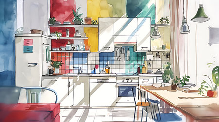 Illustration of a modern kitchen interior design with a living room.の素材