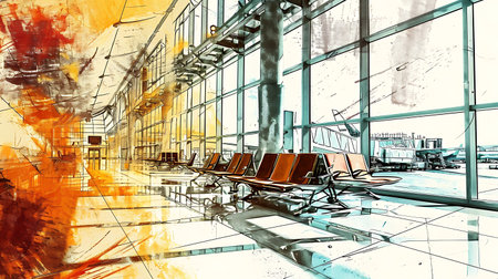 interior of the airport terminal 3d rendering illustrationの素材