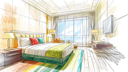 interior sketch design of bedroom, bed room, sketch, hand drawing, vectorの素材