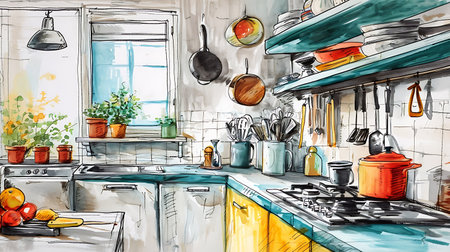 Kitchen interior. Hand drawn watercolor illustration of kitchen interior.の素材