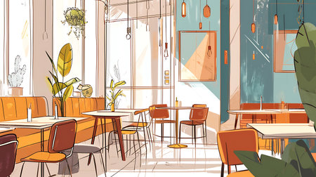 Interior of a cafe with tables and chairs. Vector illustration.の素材