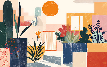 Abstract hand drawn collage with plants and flowers. Scandinavian style.の素材