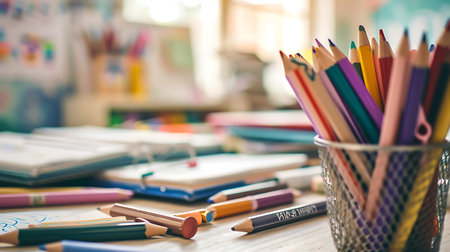School supplies on the table in the classroom. Selective focus.の素材