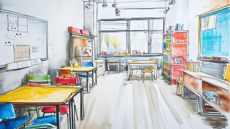 Interior of a school classroom with chairs and tables. Hand drawn illustration.の素材