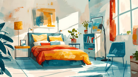 Interior of the modern bedroom. Digital painting. Vector illustration.の素材