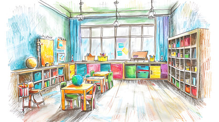 Interior of the school. Hand drawn sketch. Vector illustration.の素材