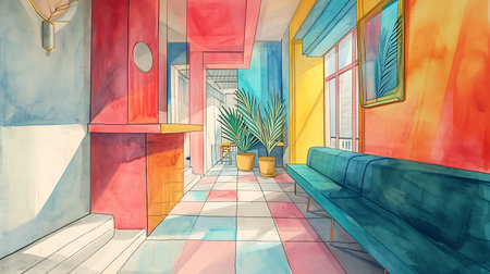 Sketch of the interior of the living room with a sofa.の素材