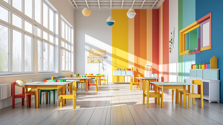 3d rendering children's room in a modern school with colorful furnitureの素材