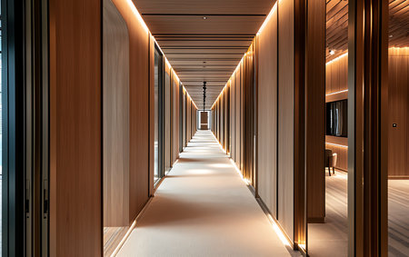 Interior of a modern office building with a long corridor and glowing lightsの素材