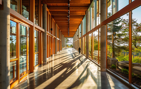 Interior of a modern office building with long corridor and wooden ceilingの素材
