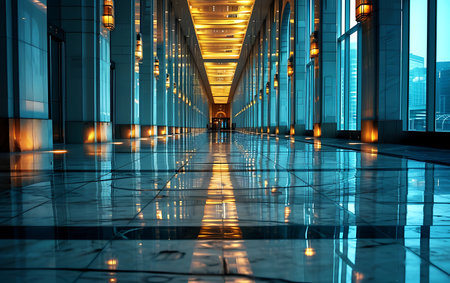 Luxury corridor in modern office building with reflection on floor.の素材