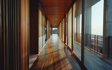Wooden corridor in a modern office building. 3d rendering.の素材