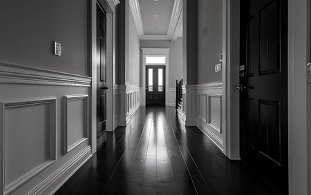 3D render of a hallway with white walls and black floor.の素材