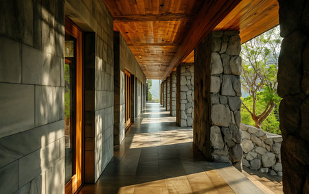 Interior of a modern villa with wooden walls and long corridorの素材