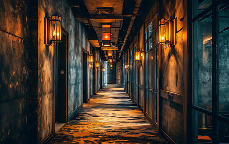 A long corridor in an old building at night, shot in Tokyo, Japan.の素材