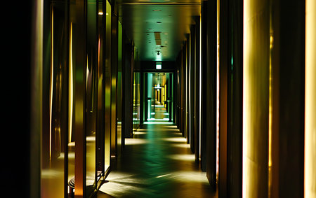 Interior of a corridor in a modern office building at night.の素材