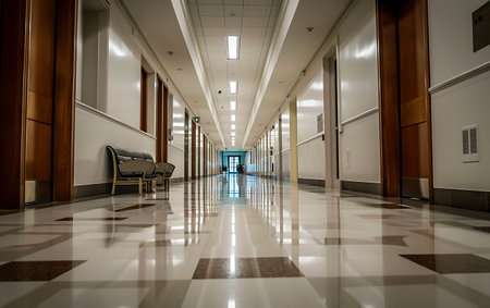 Interior of a hospital corridor with white floor and long corridor.の素材