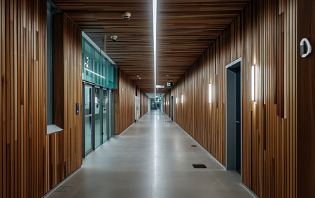 Interior of a modern office building with wooden walls and a corridorの素材