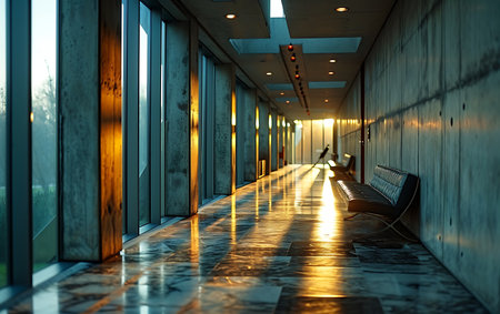 Empty bench in the corridor of a modern office building during sunset.の素材