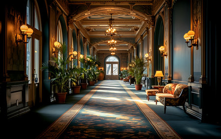 Luxury interior of an old building with a long corridor.の素材