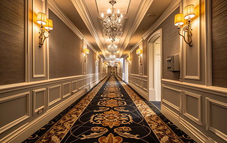 Interior of a hotel corridor with gold and black carpet and chandelierの素材