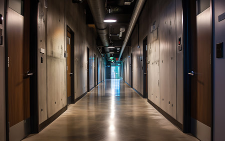 Interior of a modern server room with a corridor and rows of doorsの素材