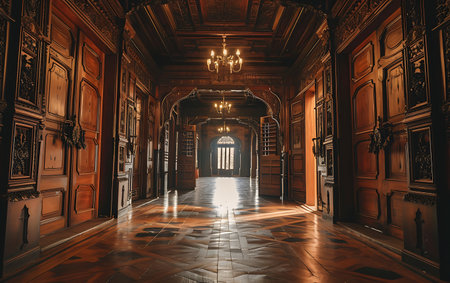 Interior of an old mansion with wooden doors and a long corridorの素材