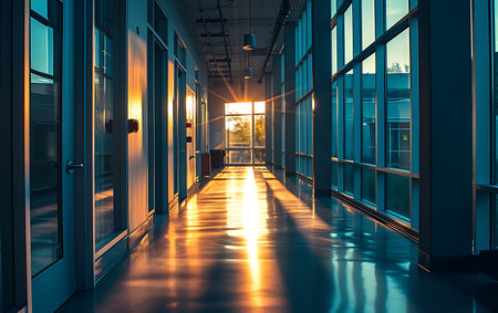 Interior of a hospital corridor lit by the sun at dusk.の素材