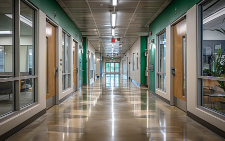 Interior of a hospital corridor with green doors and walkways.の素材