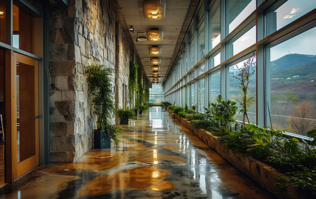 Interior of a modern office building with green plants in the corridorの素材