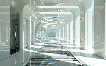 Futuristic corridor with white lights and reflections, 3d renderingの素材