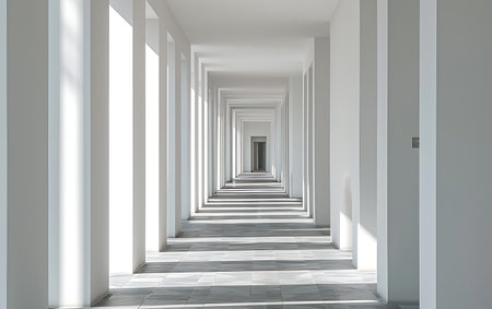 3d illustration of long corridor with white walls, columns and floorの素材