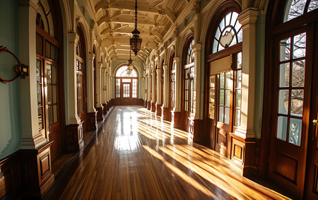 Luxury interior of an old building with a long corridor.の素材