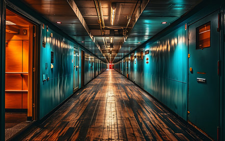 Interior of a cruise ship corridor with colorful doors and lockersの素材