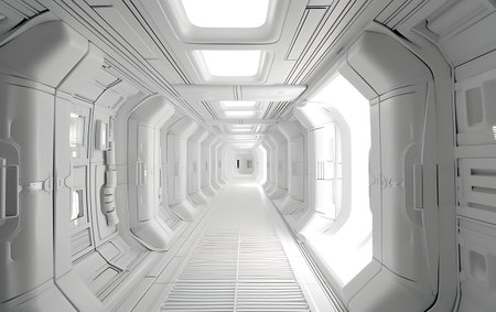 Spaceship corridor with white walls and blue ceiling. 3d renderingの素材