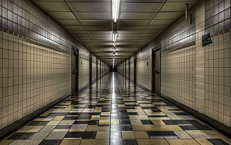 3D render of a corridor in a subway station with lights and reflectionsの素材