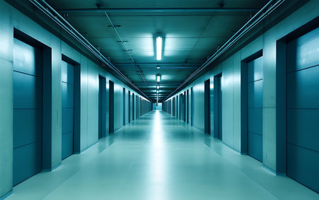 Interior of a corridor with blue lights, 3d render.の素材