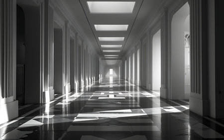 Interior of a corridor with white columns, 3d render illustrationの素材