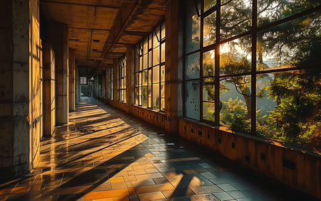 Interior of an old building in the light of the setting sunの素材