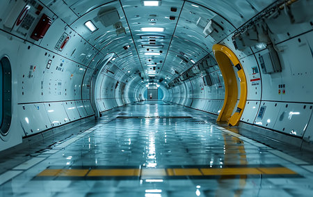 Spaceship corridor interior. Futuristic spaceship interior. 3D renderingの素材