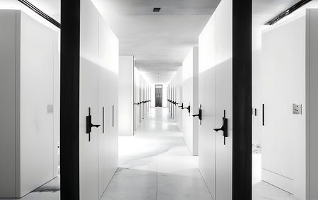 Interior of modern office corridor with white walls, concrete floor and black doors. 3d renderingの素材