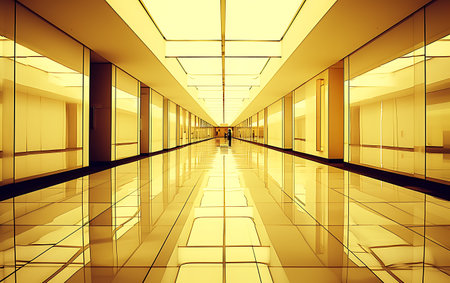 interior of a modern office building with glass walls and a long corridorの素材