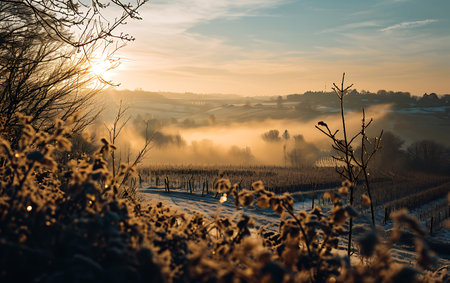 Foggy winter morning in the countryside. Beautiful winter scenery.の素材